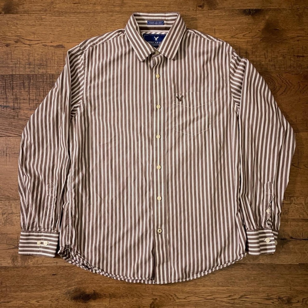 American Eagle Button Up Shirt Mens L Brown Striped Vintage Fit Long Sleeve